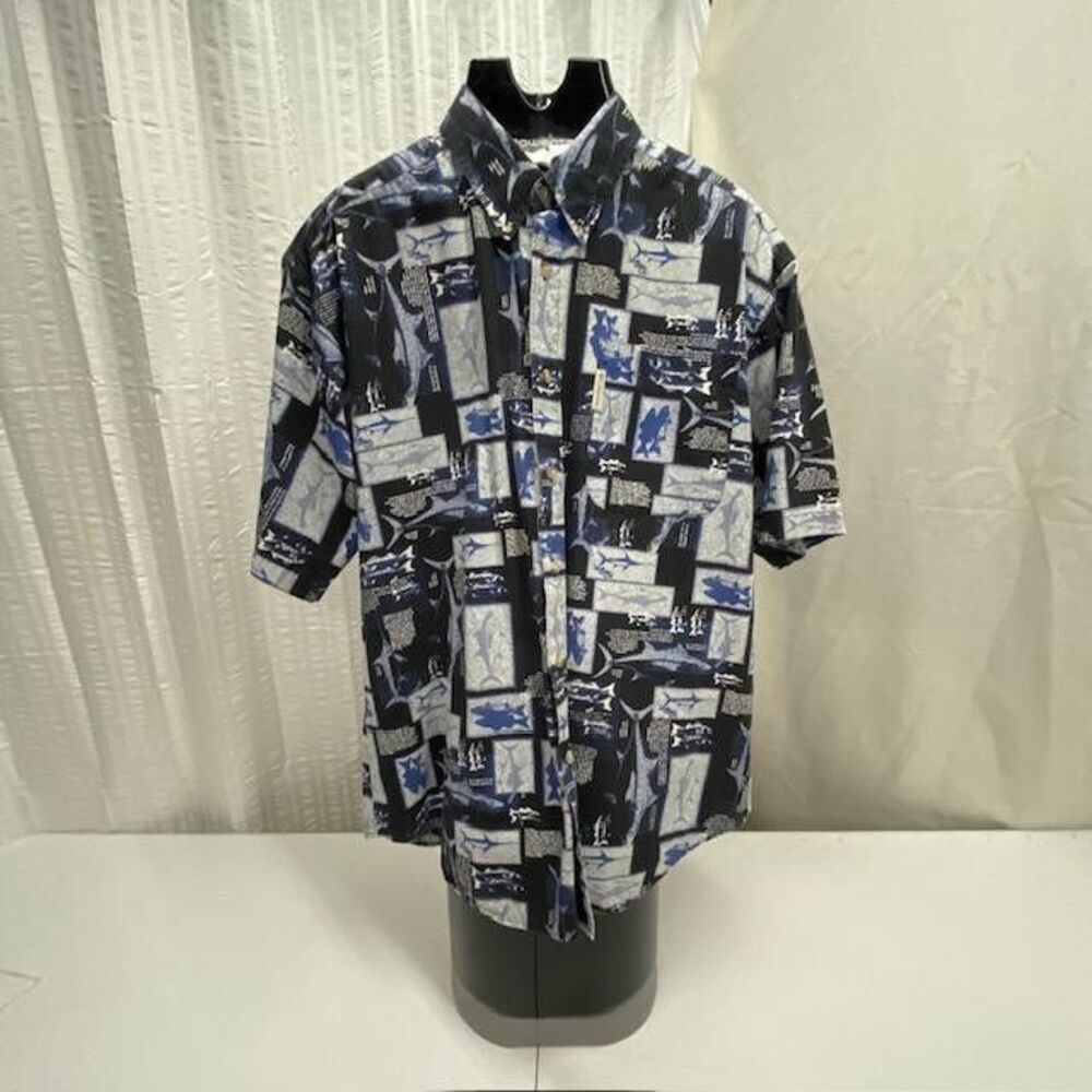 Vintage Columbia Fishing Shirt Mens L Fish Print 100% Cotton Button Up 90s(419-5